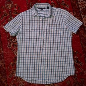 Perry Ellis Plaid Button-up Short Sleeve Shirt Mens Slim Fit Size M blue/gray